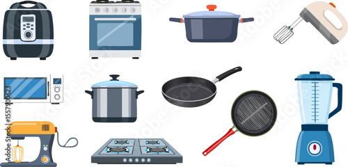 Various kitchen appliances and cookware essentials in a row, ideal for culinary concepts and cooking-themed projects. These tools represent cooking needs