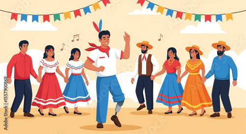 Flat Design Dancing Group with Diverse People and Man with Leg Prosthesis – Joyful Inclusive Scene