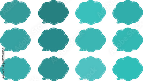 All the bubbles have a distinctive, rounded, cloud-like, or scalloped edge design. This vector image features twelve speech bubbles. Speech bubble with a white dashed line inside.