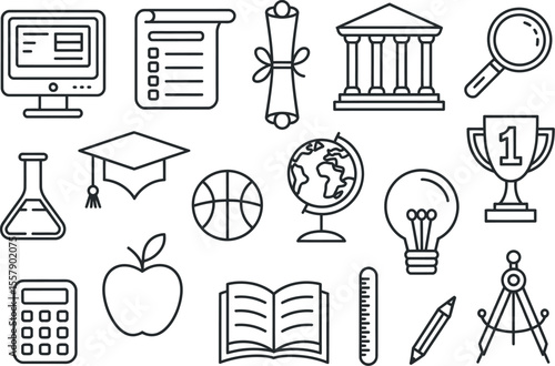 A collection of education related icons including computer, scroll, building, and school supplies
