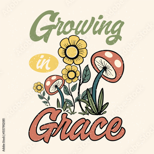 Vintage growing in grace floral mushroom design