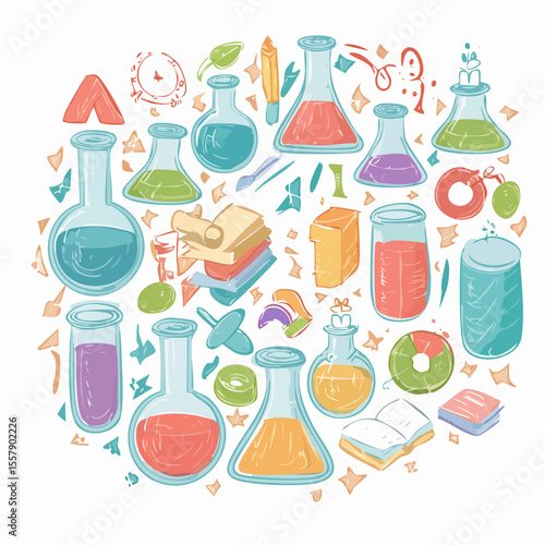 whimsical retro classroom doodles featuring arithmetic equations chemical flasks and playful school icons
