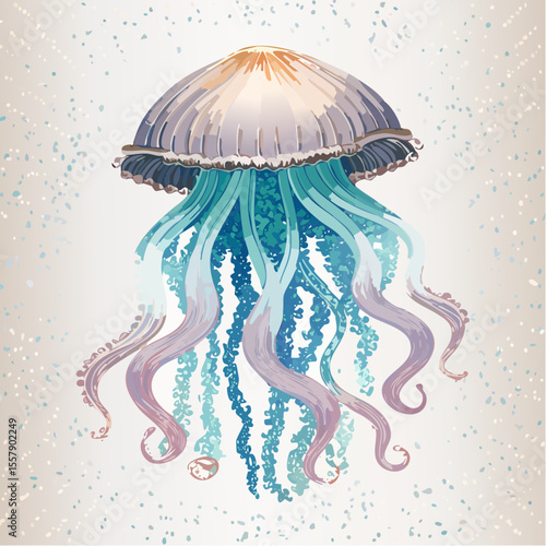 rounded jellyfish with pearly white foil bell and neon under glow trailing delicate bioluminescent tendrils