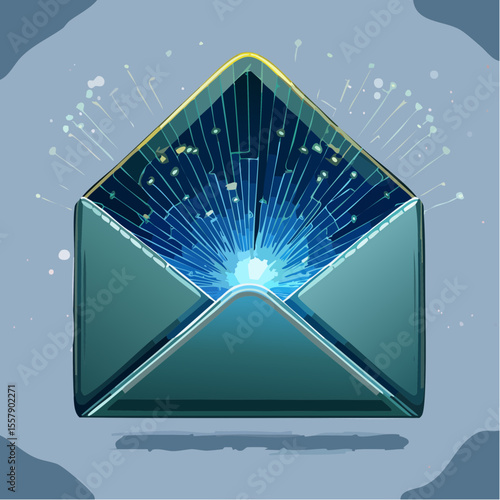 titanium envelope with neon pulse glow and etched circuit filigree symbolizing digital messaging energy
