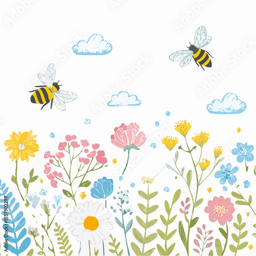 tiny flower and bee sketches in a repeating meadow garden pattern with soft smudged pollen details