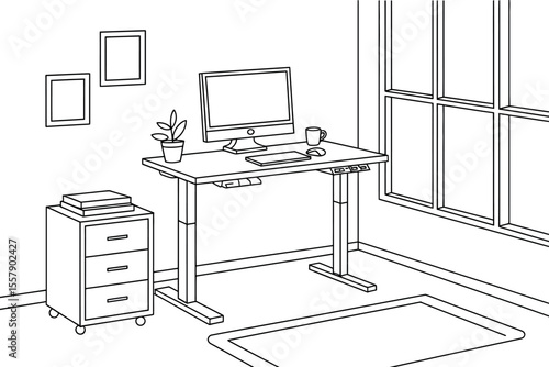 Line drawing of a home office setup with adjustable desk, computer, and window view design
