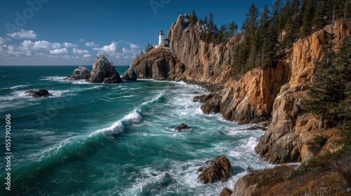 Dramatic coastal view with lighthouse on a rocky cliff, turquoise ocean waves