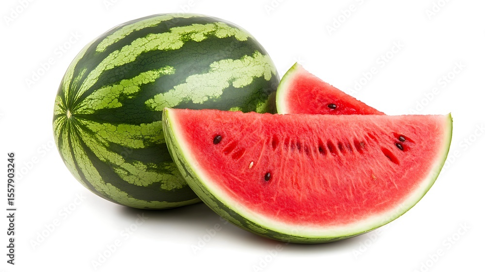 A watermelon with a slice cut out, showing the red inside A watermelon with a slice cut out, showing the red inside
