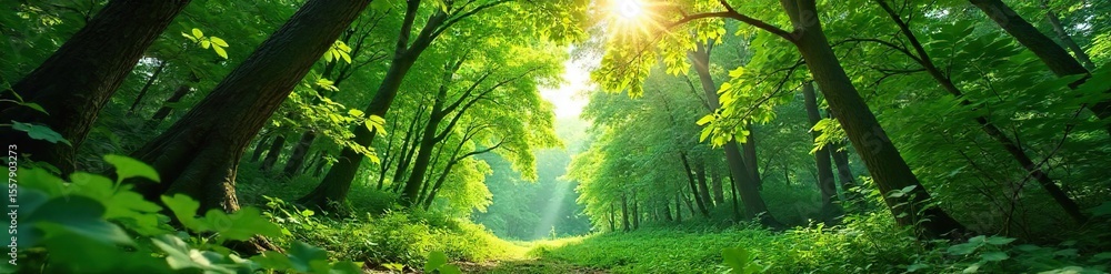 Obraz premium Dappled Sunlight Filtering Through Lush Autumn Forest Canopy Tranquil Nature Scene Perfect for Documentaries, Travel, and Environmental Campaigns
