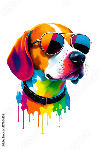 Stylish Basset Hound in Rainbow Colors and Mirrored Aviator Glasses - Vibrant Artwork Poster PNG