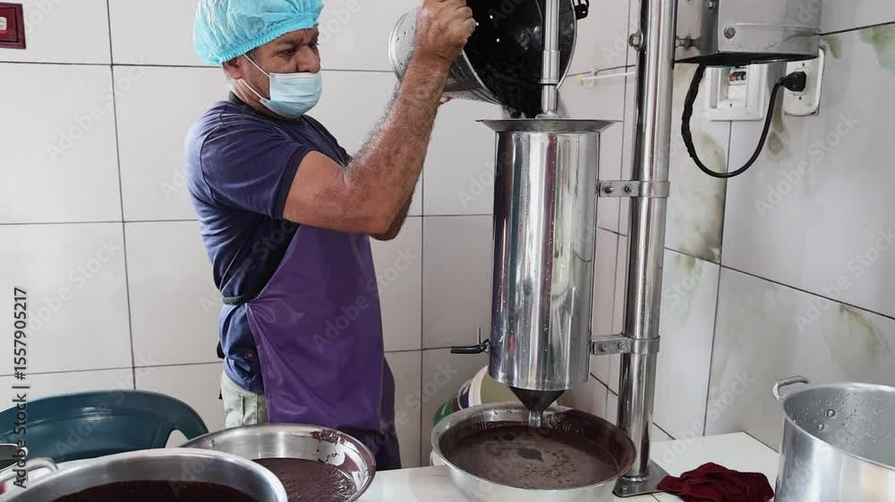 Worker begins the acai beating process by pouring softened fruits into ...