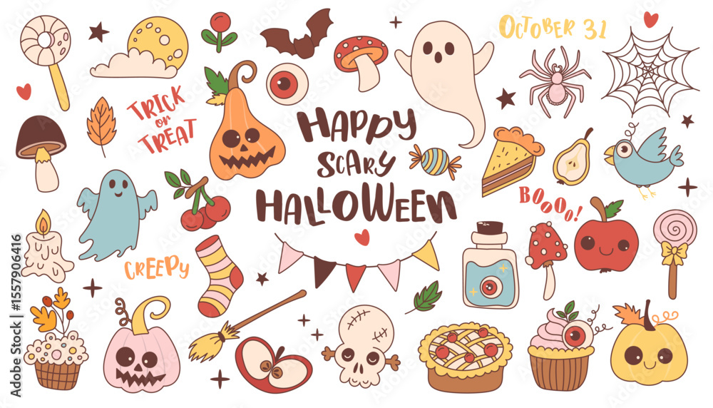 Fototapeta premium Cute Halloween Doodle Set with playful ghosts, pumpkins, candy, cupcakes, spiders, bats, and autumn treats. Decorated with cheerful lettering like Trick or Treat, Boo, and October 31
