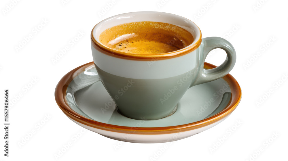 Naklejka premium A stylish coffee cup filled with espresso on a matching saucer, isolated on a white background.