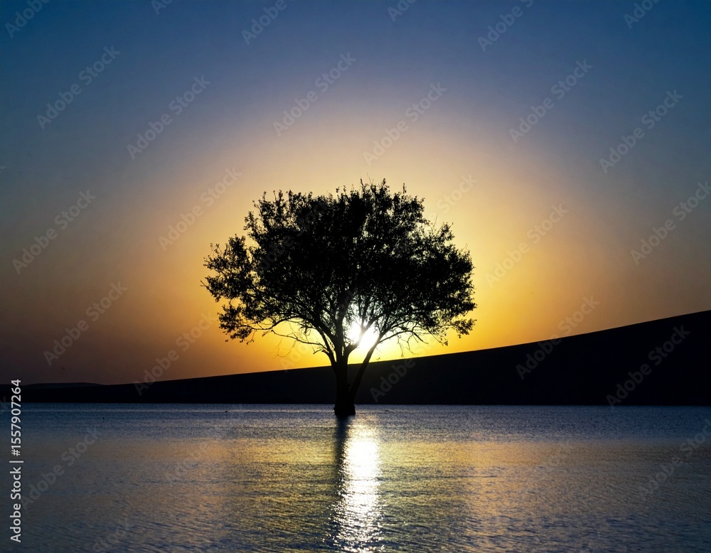 Fototapeta premium 夕方の海べと一本の木 Evening seaside and a tree