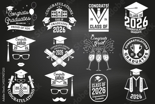 Set of Vector Class of 2026 badges on the chalkboard. Vector illustration. Concept for shirt, print, seal, overlay or stamp, greeting, invitation card. Typography design. For class of 2026 graduation.