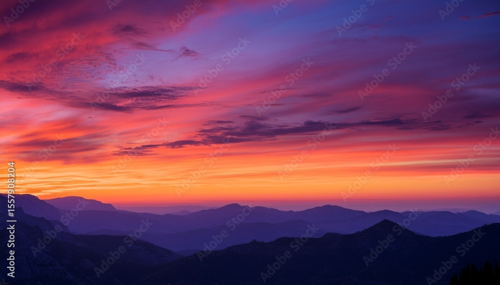 a vibrant sunset paints the sky with hues of orange pink and blue casting a warm glow over the silhouetted mountains in the distance