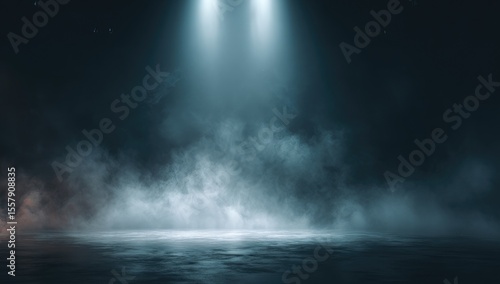Two bright beams illuminate a smoky, dark, reflective floor; ethereal, mysterious ambiance