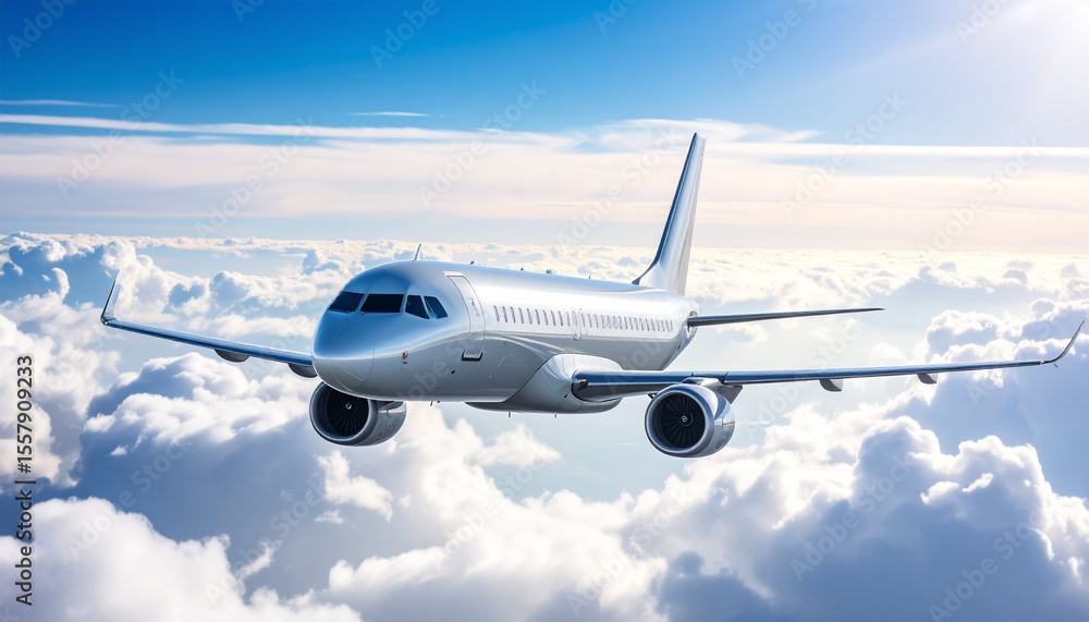 Obraz premium Sleek silver aircraft gracefully soared through ethereal canvas of cottony white clouds, embodying freedom and adventure in vast blue sky