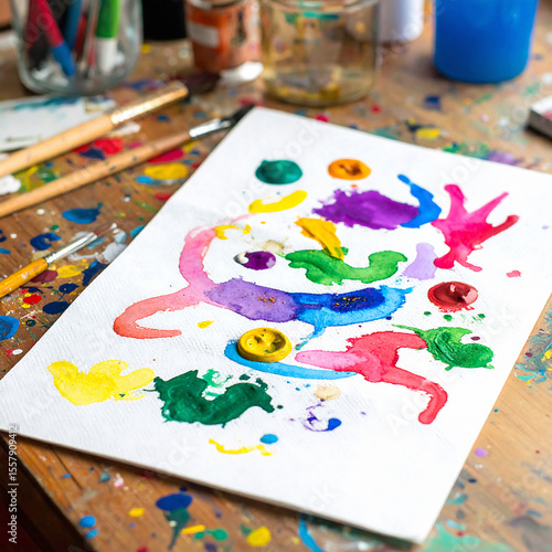 Wallpaper Mural Colorful, expressive abstract painting on canvas, surrounded by art supplies. Ideal for creative concepts, childrens art, or illustrating artistic expression. Torontodigital.ca