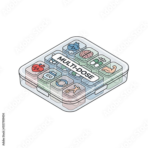 Compact set of medication pills organized in a weekly container.