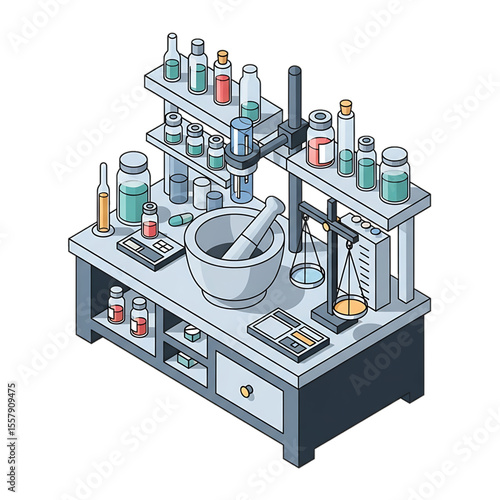 Chemistry lab station full of glassware and reagents.