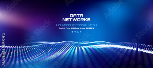 Digital data networks concept with high-fidelity signal mesh and abstract particle wave. Modern technology background for internet communication.