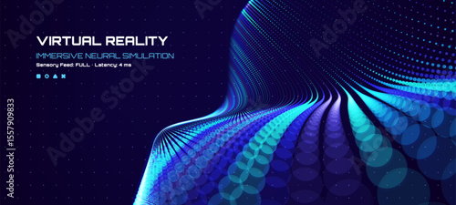 Virtual reality immersive neural simulation display. Abstract digital wave of glowing particles. Computer network data flow concept.