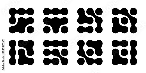 Set of meta ball patterns. Connected dots, liquid drops or amorphous shapes background. Organic blobs, neurons or molecules isolated on white background. Vector graphic illustration.
