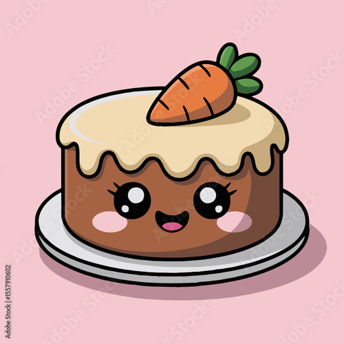 Cartoon carrot cake with frosting and a carrot on top sitting on a white plate on a pink background