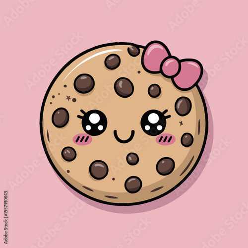 Cartoon chocolate chip cookie with a pink bow and a cute smiling face on a pink background