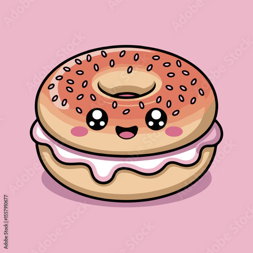 Illustration of a cute donut with pink icing and sprinkles on a pink background with a happy face