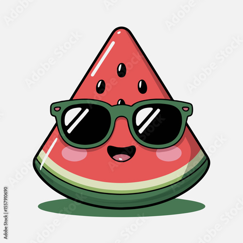 A cartoon watermelon slice wearing sunglasses with a happy expression on a white background illustration