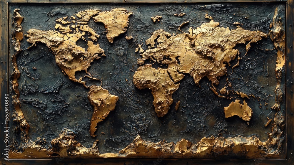 Fototapeta premium Detailed world map relief, gold and dark tones.