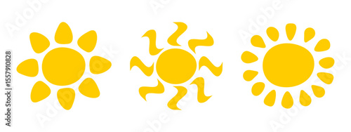 Cute childish sun silhouettes isolated on white background. Set of sunburst, sunlight or sunshine signs. Summer theme symbols. Happy positive vibes concept. Vector flat illustration.