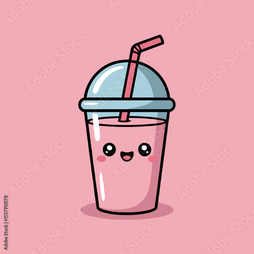 Cartoon illustration of a pink smoothie with a cute face and a straw on a pink background