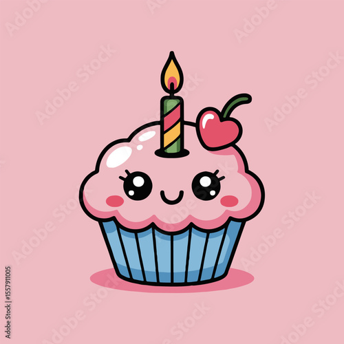 Cute cartoon cupcake with pink frosting cherry and candle on a light pink background illustration