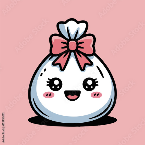 Cute cartoon dumpling with a pink bow and a happy face on a pink background illustration style