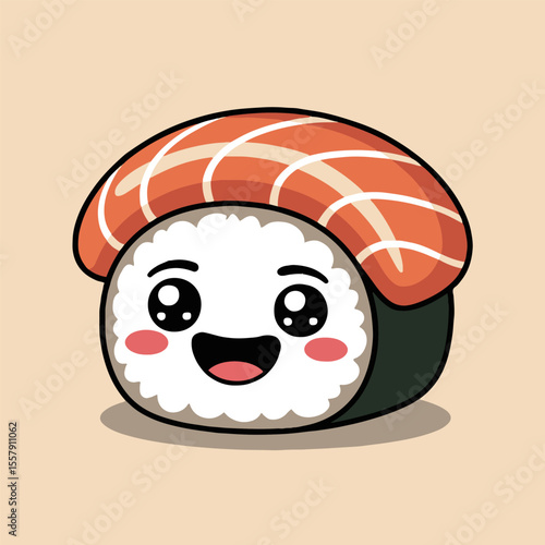 Cartoon sushi roll with a happy face and salmon topping on a light tan colored background art