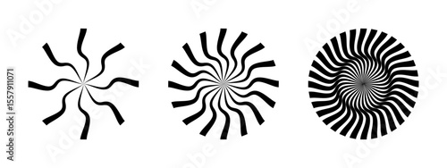 Groovy sun symbols. Round swirl icons. Fan, propeller, cooler, spinner or pinwheel toy signs. Wheel or gear disk symbols isolated on white background. Vector graphic illustration.