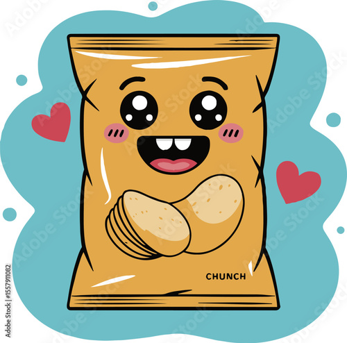 Cartoon illustration of a smiling bag of potato chips with hearts on a blue and white background