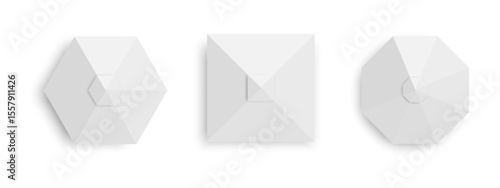 Tents top view. Set of gazebo umbrellas in hexagon, square and octagon shape. Event or beach sunshades. Market canopy mockups isolated on white background. Vector realistic illustration.