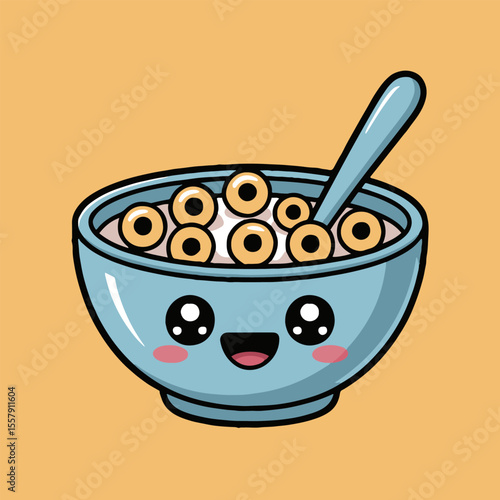 A cartoon bowl of cereal with a face and a spoon on a yellow background in a vector art style