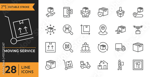 Moving service outline icon set. Containing Shipping, Home Shifting, Courier, Fast Delivery, Loading and More. Editable stroke. Vector illustration