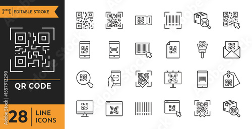 Qr code outline icon set. Editable stroke. Vector illustration