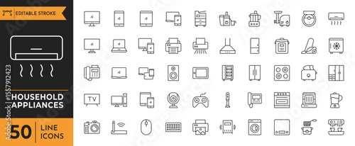 Household appliances outline icon set. Containing Computer monitor, web camera, keyboard, air conditioner, intercom, fridge, dishwasher, and more. Editable stroke. Vector illustration