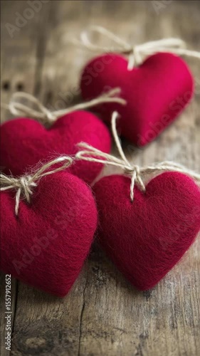 Three red hearts are tied together with string. They are on a wooden surface