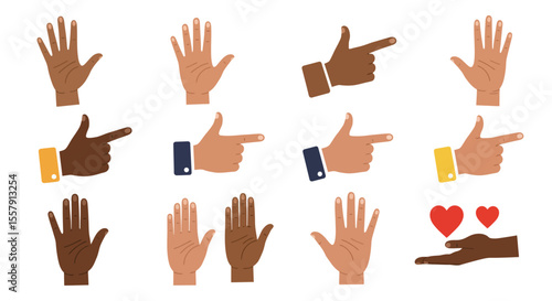 Diverse Hands Illustrations Pointing, Open, and Heart Gestures