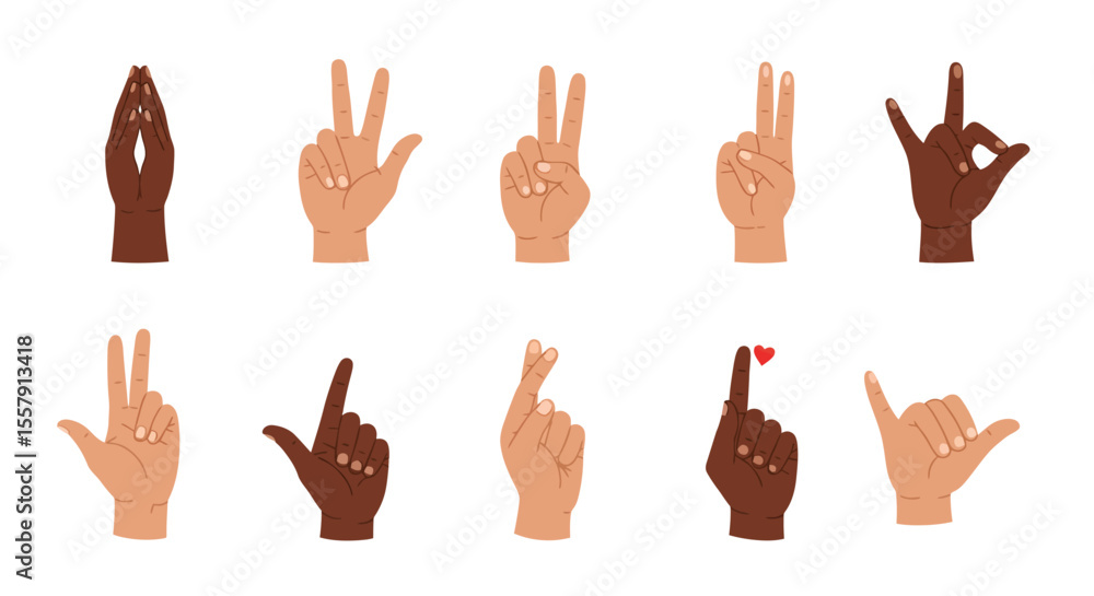 Fototapeta premium Diverse Hand Gestures Illustration Set Cartoon Hands Showing Various Signs and Symbols
