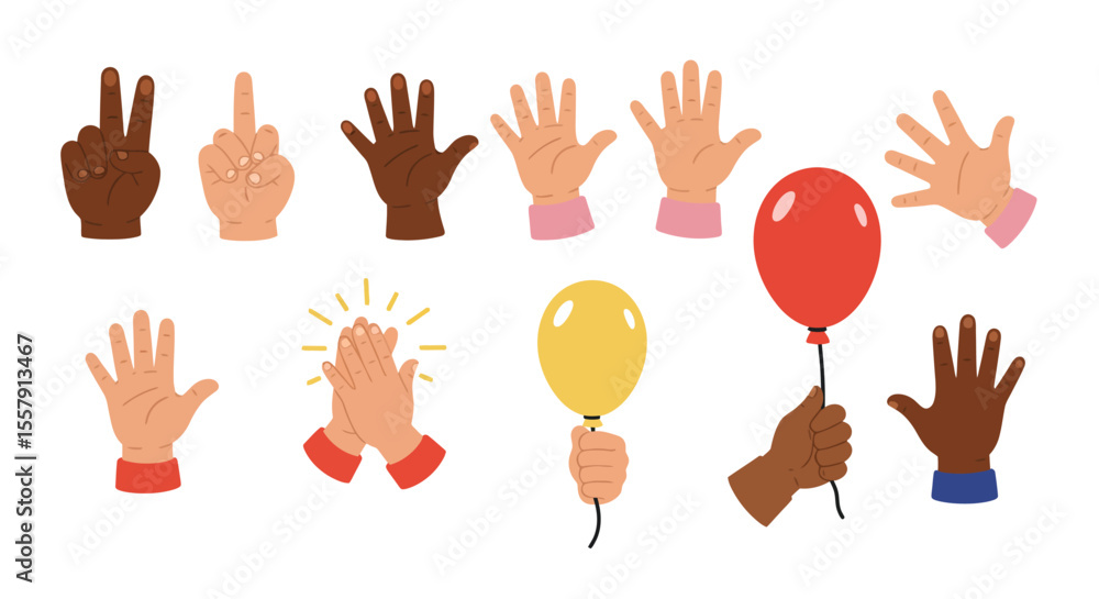 Fototapeta premium Diverse Hands Collection Illustrations of Gestures, Balloons & Counting