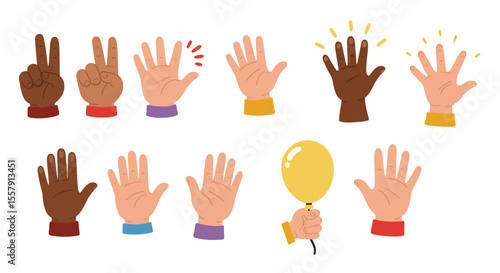 Cartoon Hands Illustrations Diverse Set of Counting Hands and Celebration Gestures